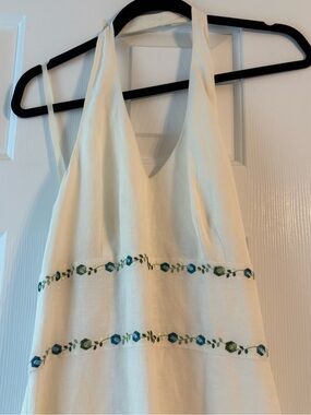 Ann Taylor Cream Halter dress with Green & Blue Embroidery